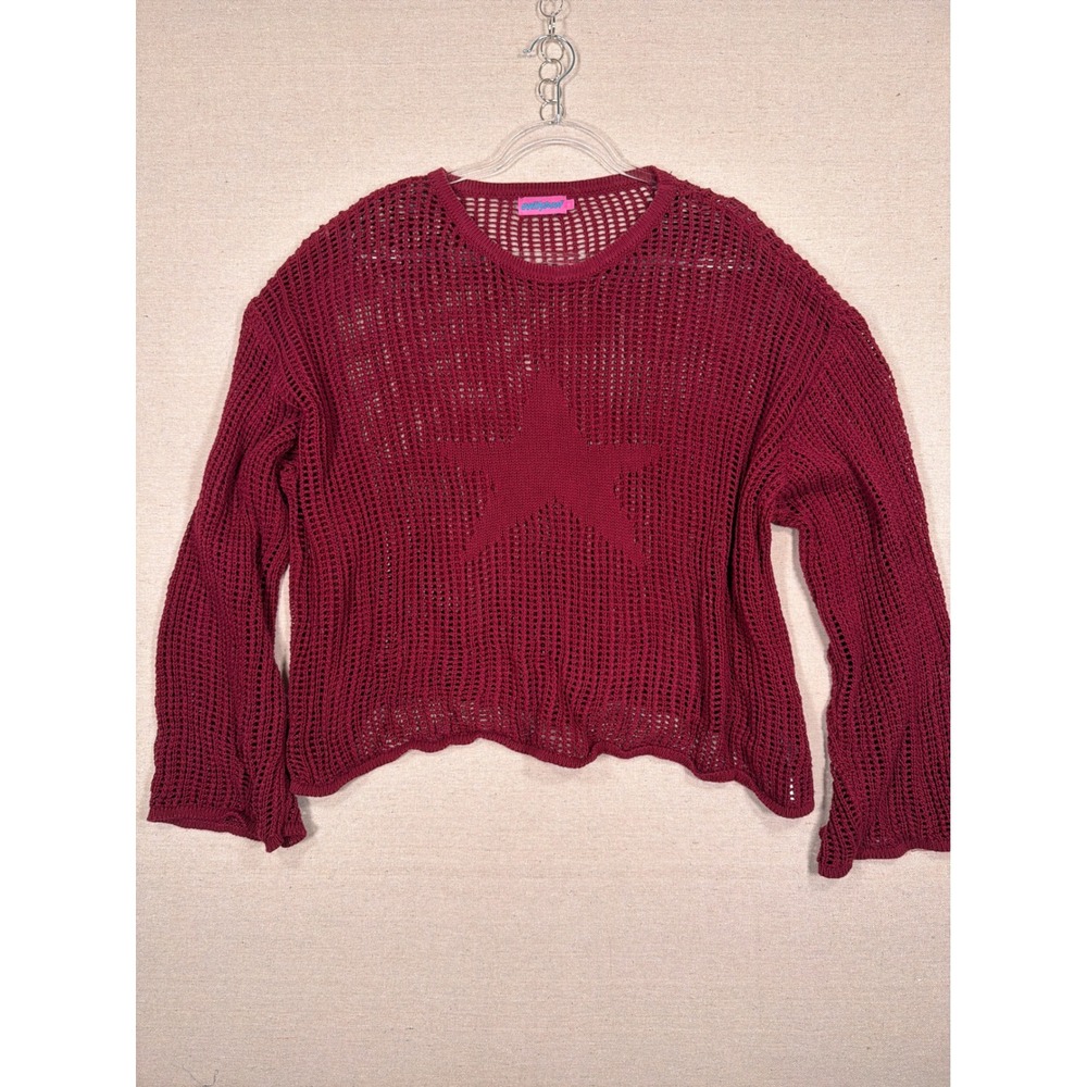 Edikted Burgundy Red Star Open Knit Mesh Cotton Sweater Large Relaxed Boho